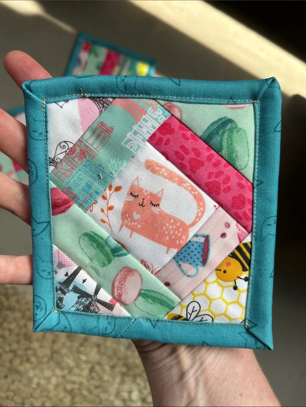 Handmade Patchwork Fabric Coasters - Teal Trim, Lime & Macaron Prints